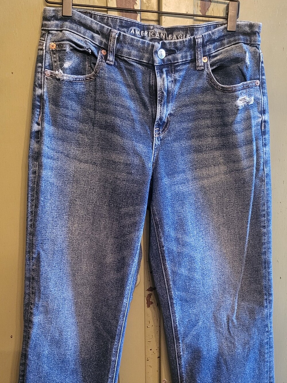 American Eagle Distressed Straight Leg Stretch Jeans Raw Hem Blue Size 10